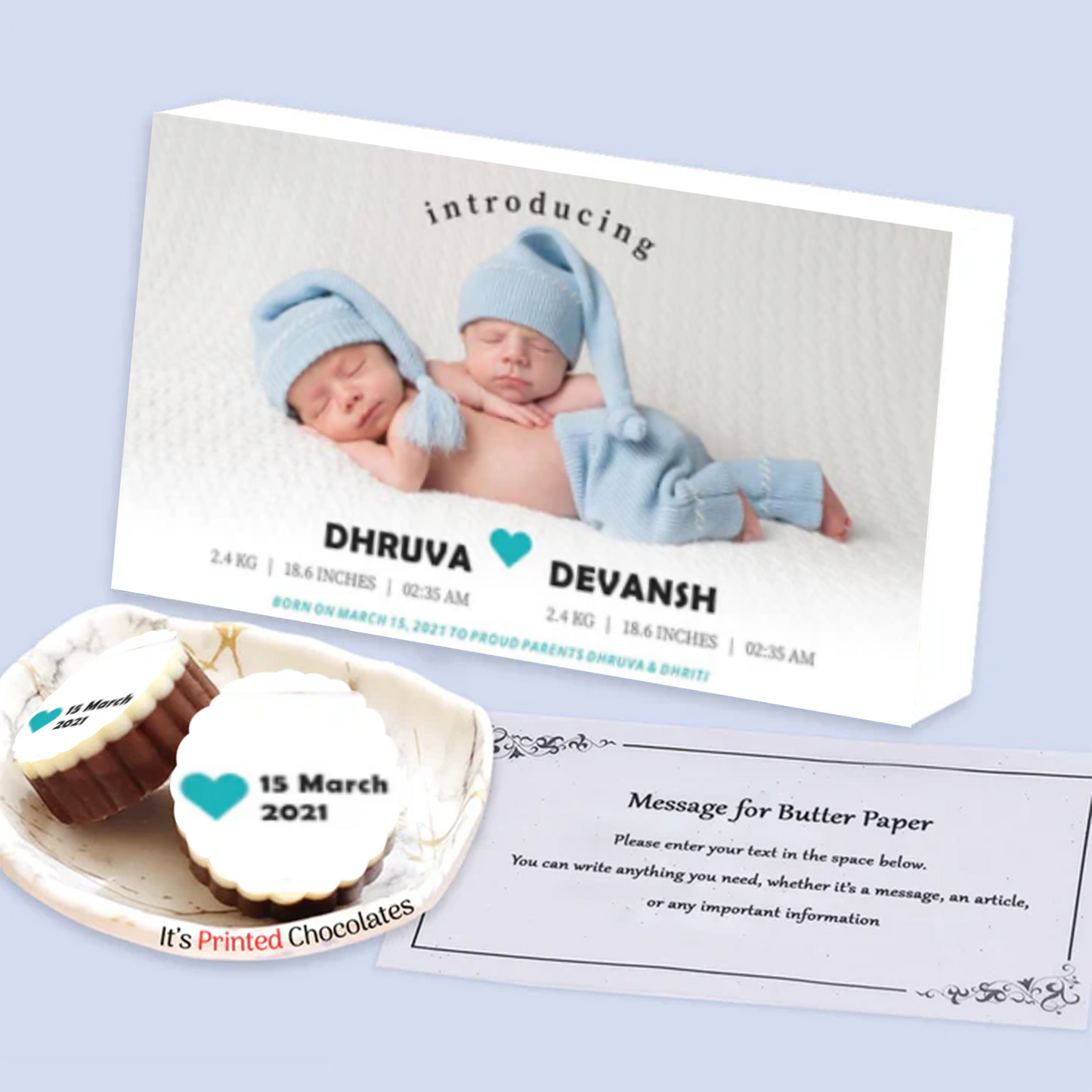Blue floral designed frame photo printed baby announcement chocolates