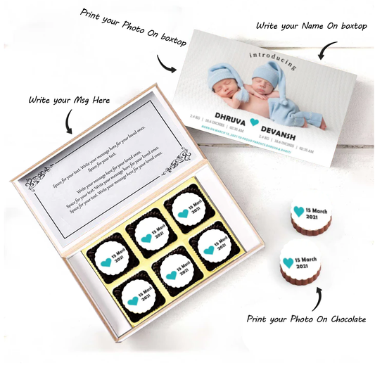 Blue floral designed frame photo printed baby announcement chocolates