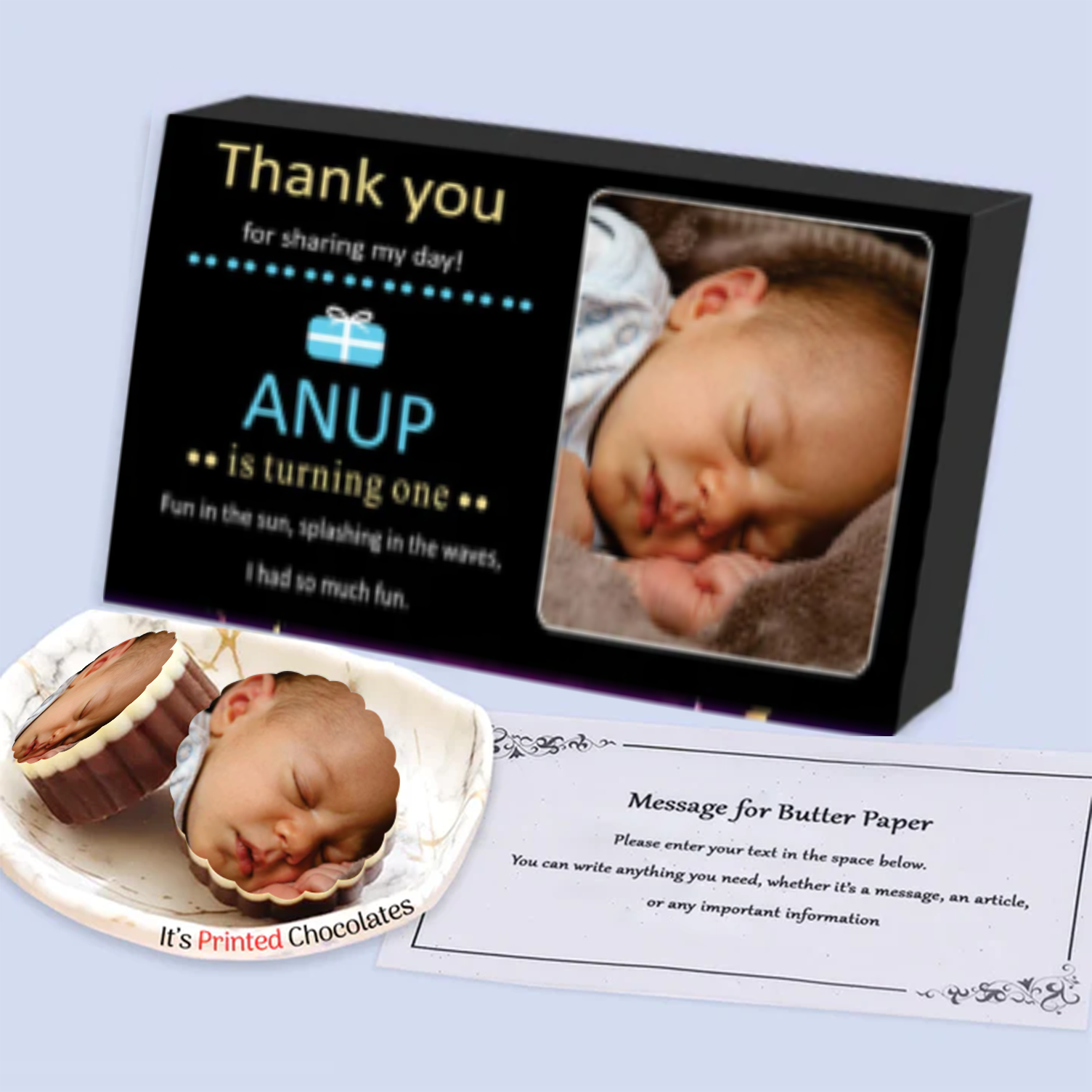 1st birthday return gift photo printed chocolates