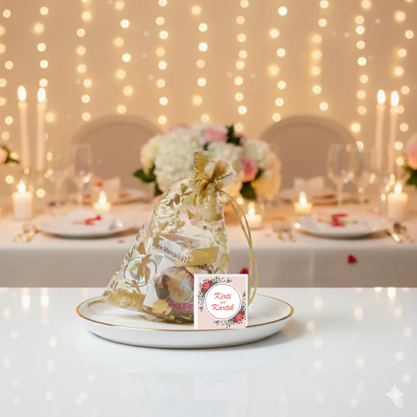 Personalized Chocolate Return Gift in Golden Potli Packaging