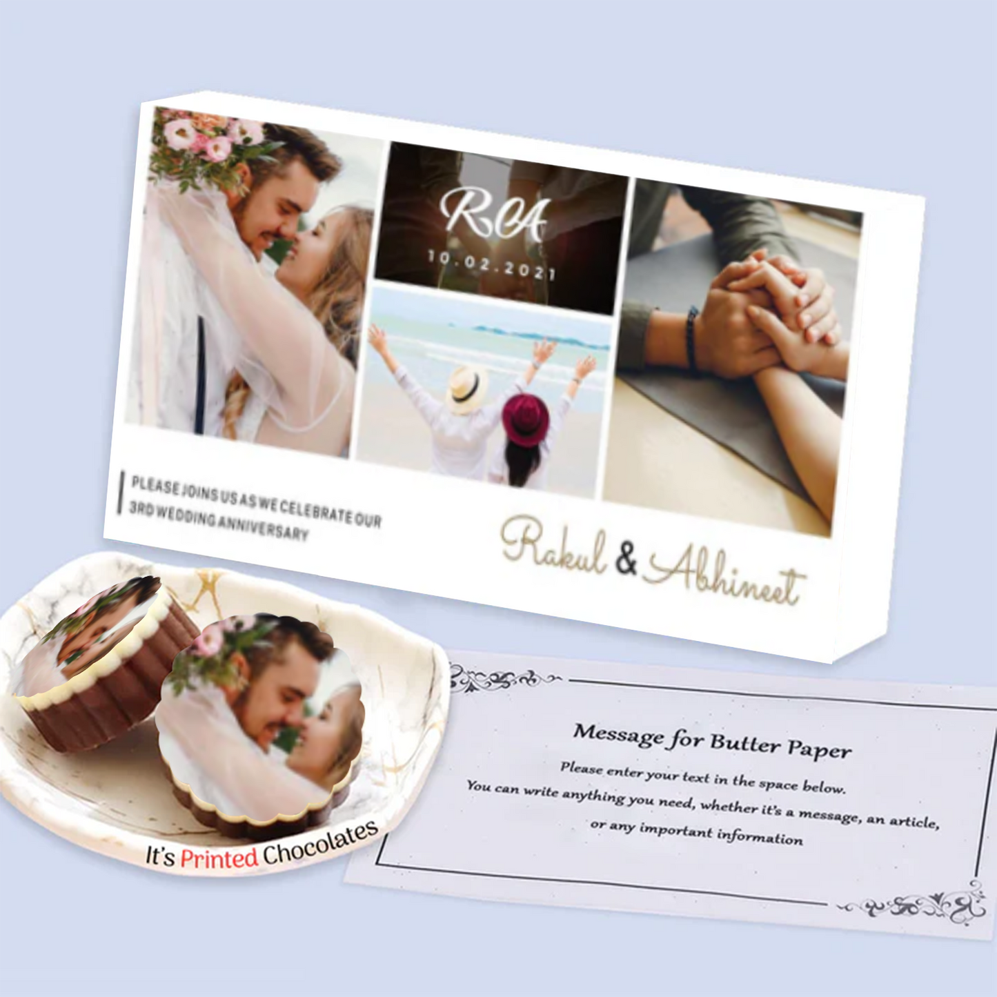 White elegant Box Personalised wrapped chocolates Anniversary Invite