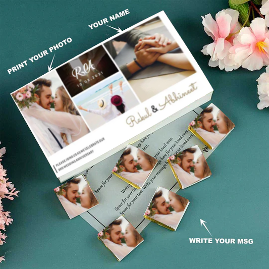 Teal coloured printed chocolates anniversary return gifts