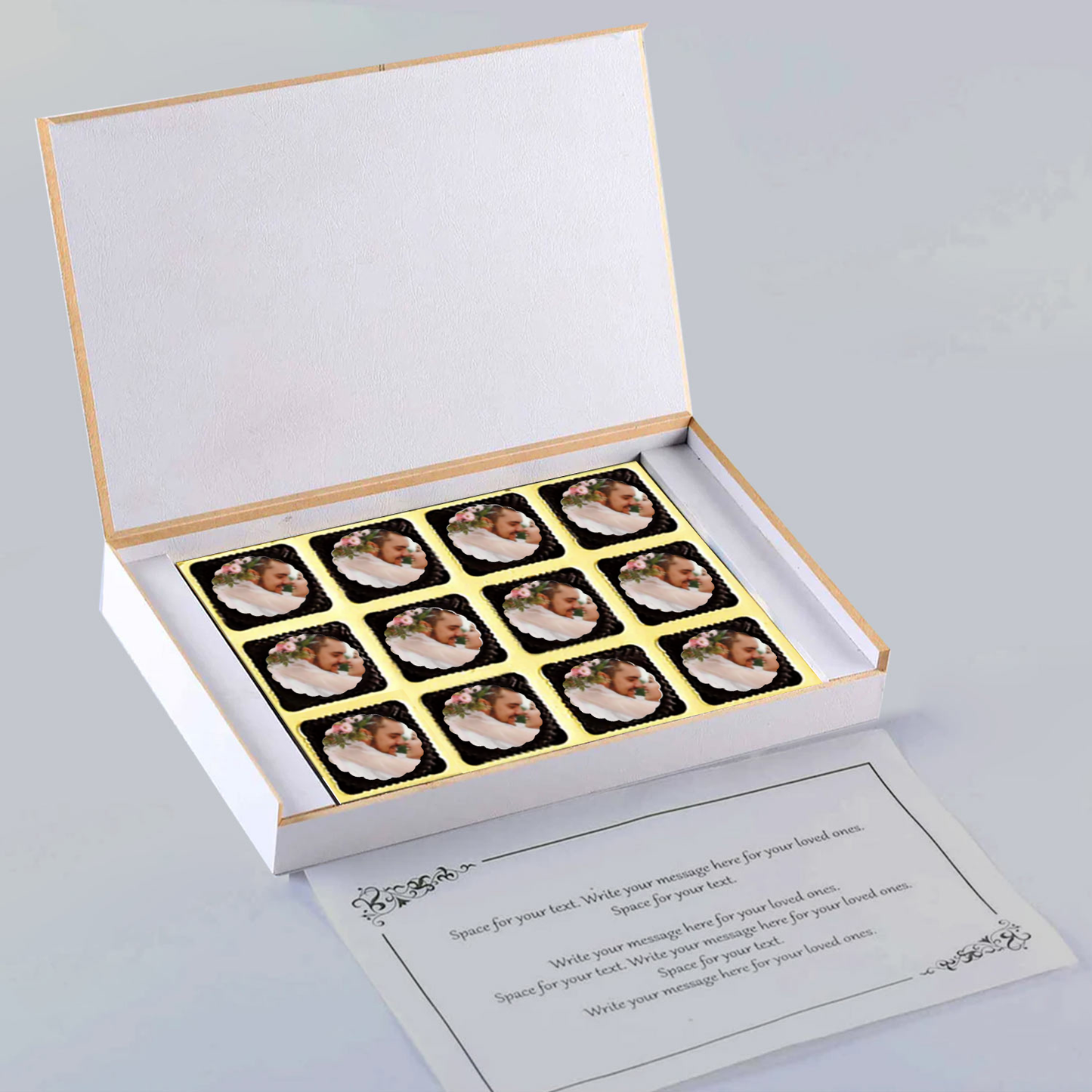 White elegant Box Personalised wrapped chocolates Anniversary Invite