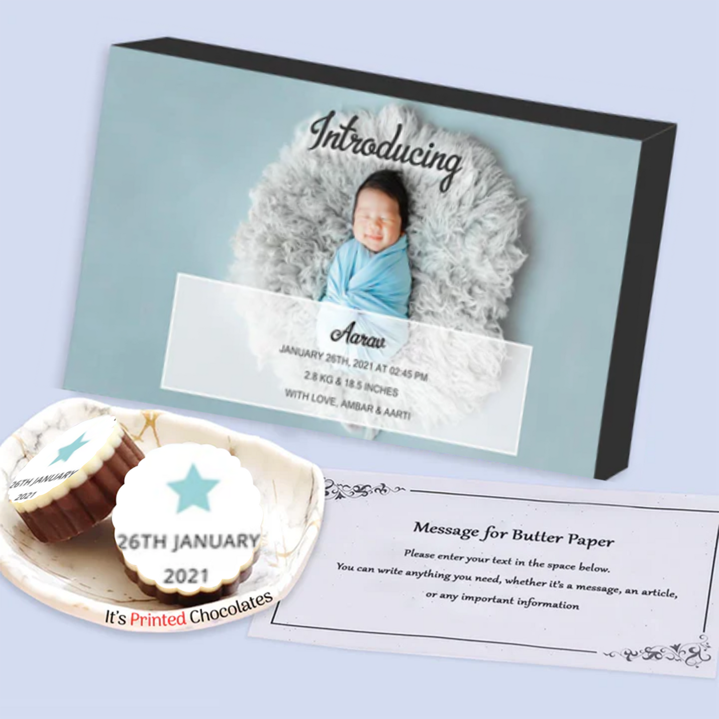 Pretty pink baby announcement photo printed chocolates