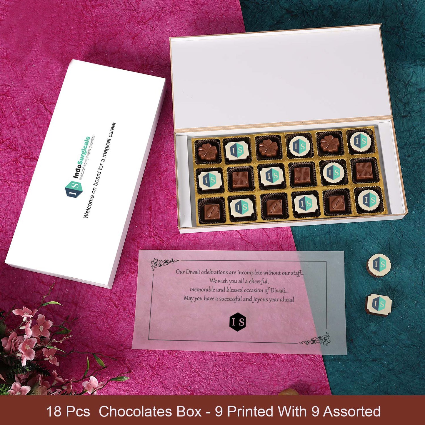 Personalized Corporate Chocolate Gift with Brand name Printed on chocolate & Box