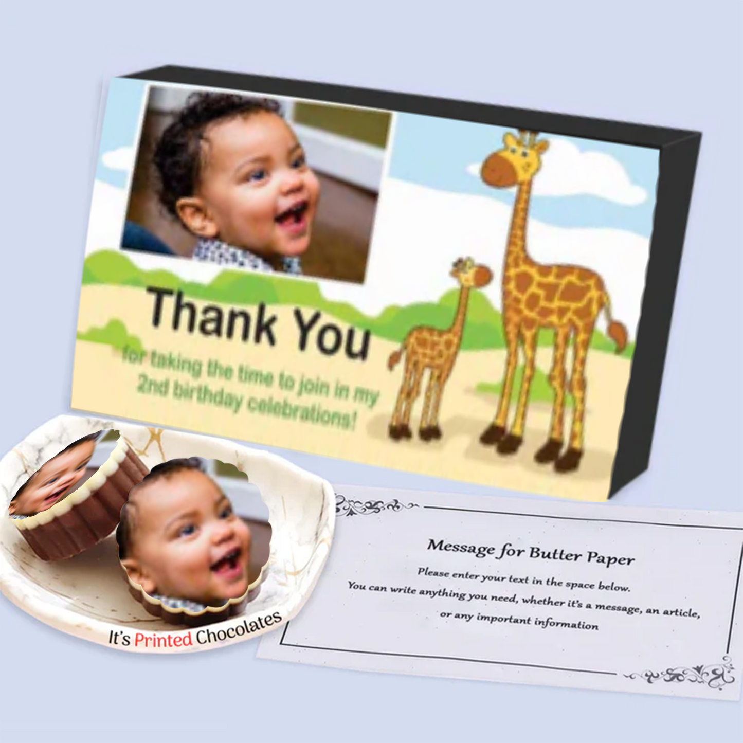 Baby & Mommy giraffes birthday return gift printed chocolates