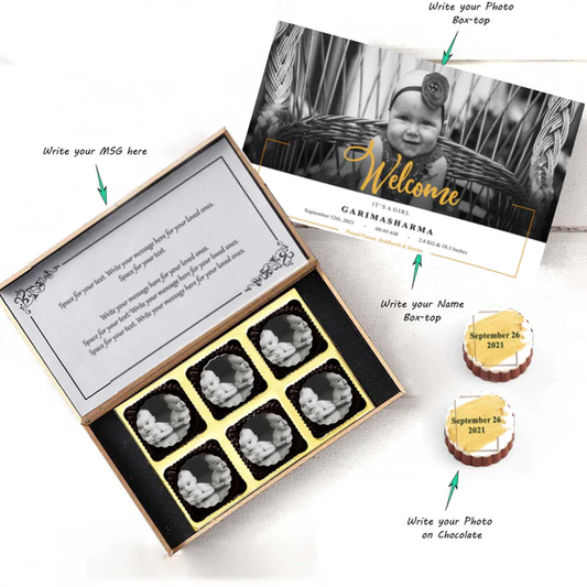 Baby boy birth announcement with tiny hands printed chocolates