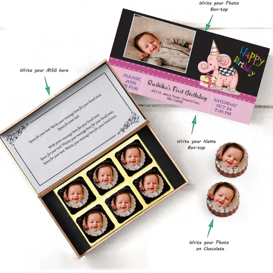 Pink baby elephant photo printed chocolates birthday return gift