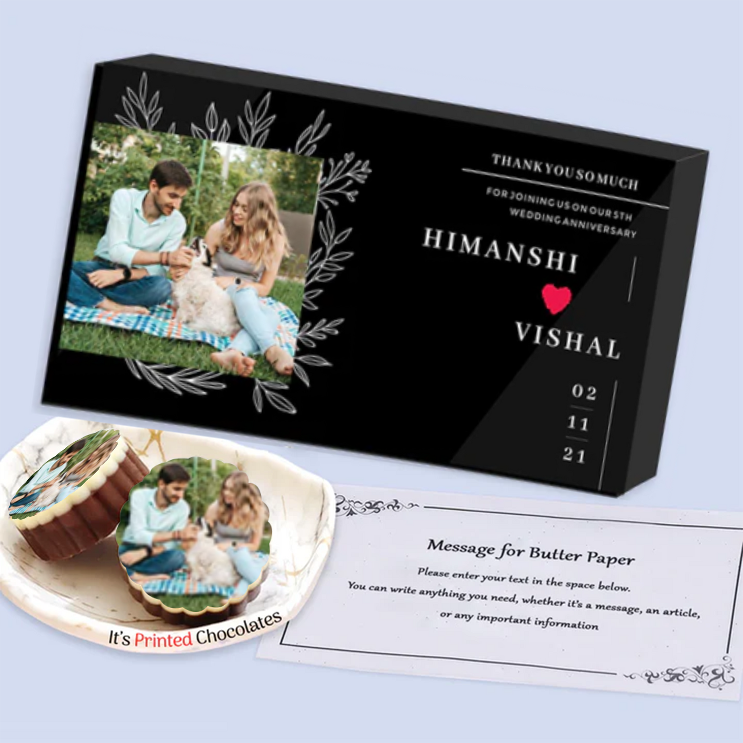 Date printed personalised wrapped chocolates return gift