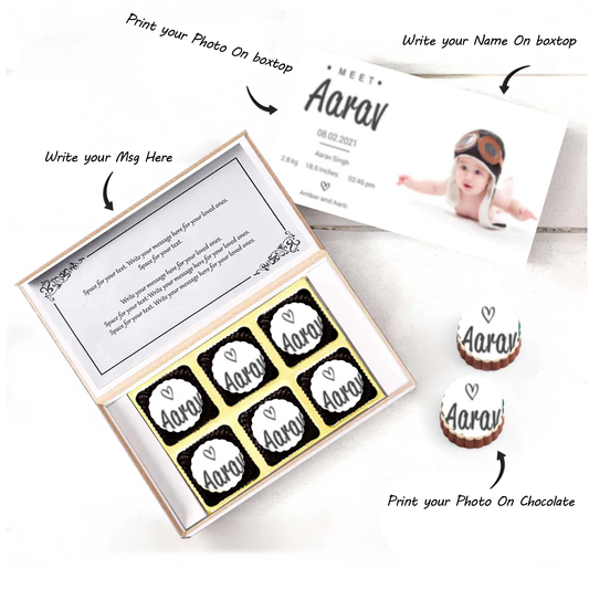 Black elegant box of printed chocolates twins announcement
