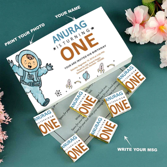 Personalised wrapped chocolates space theme birthday invitation