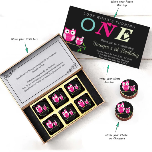 "Whooo's turning one" Owls Printed Chocolates birthday invitation
