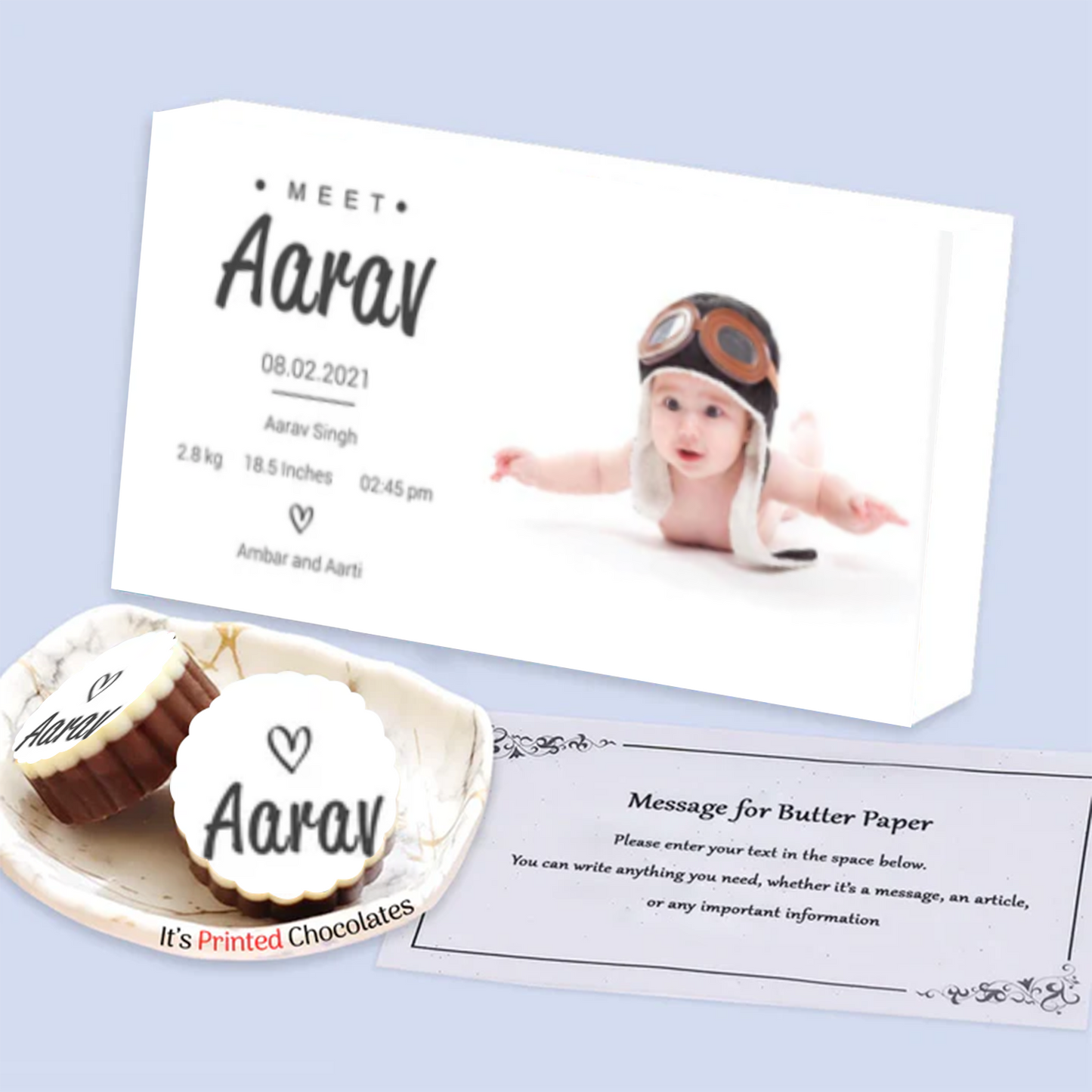 Black elegant box of printed chocolates twins announcement