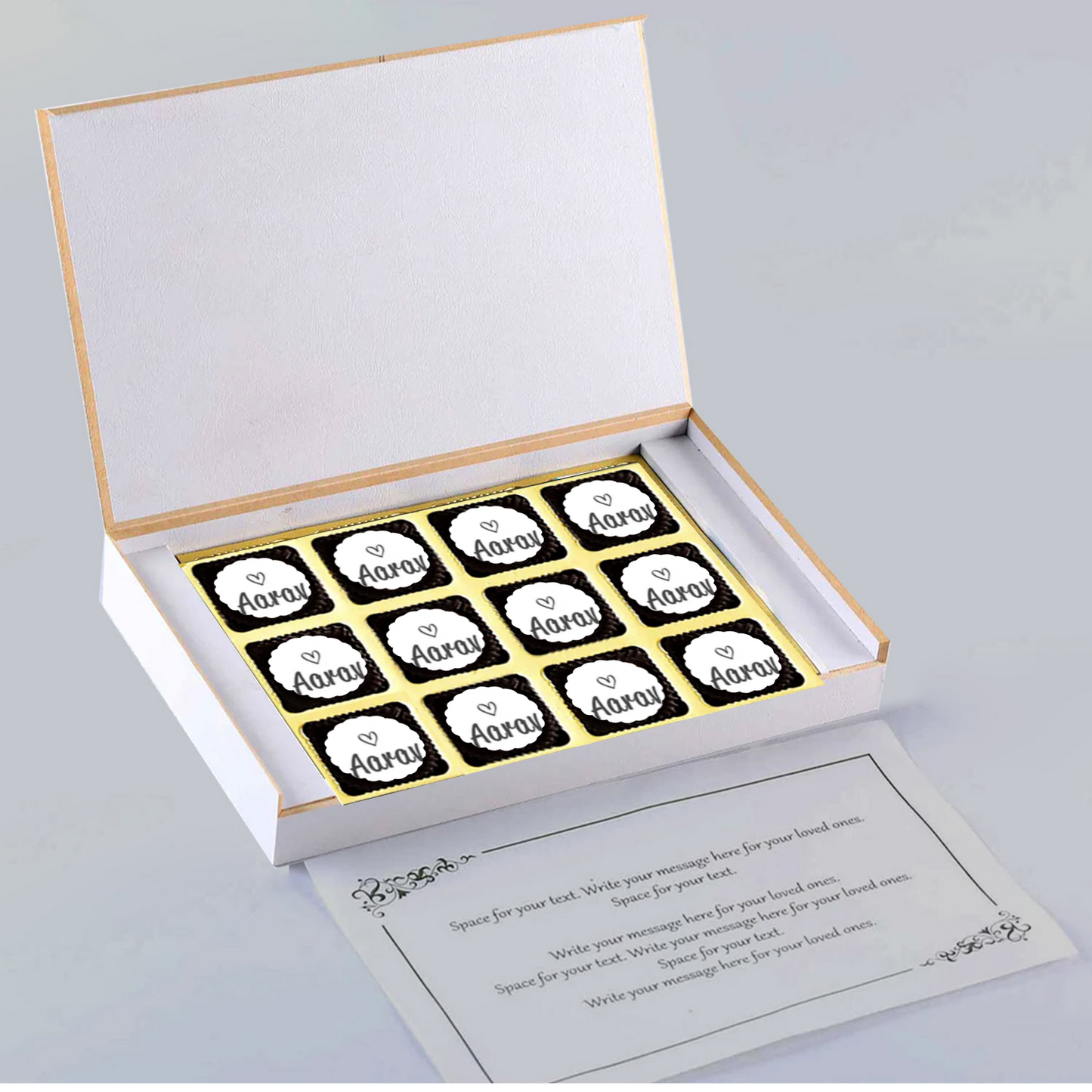 Black elegant box of printed chocolates twins announcement