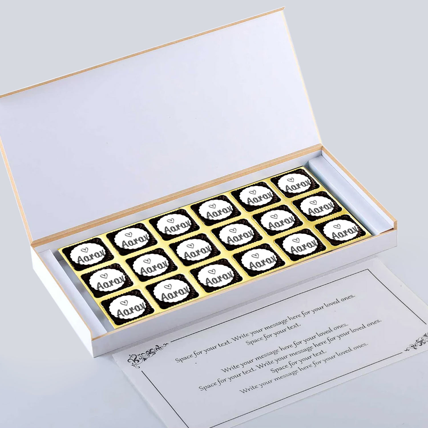 Black elegant box of printed chocolates twins announcement