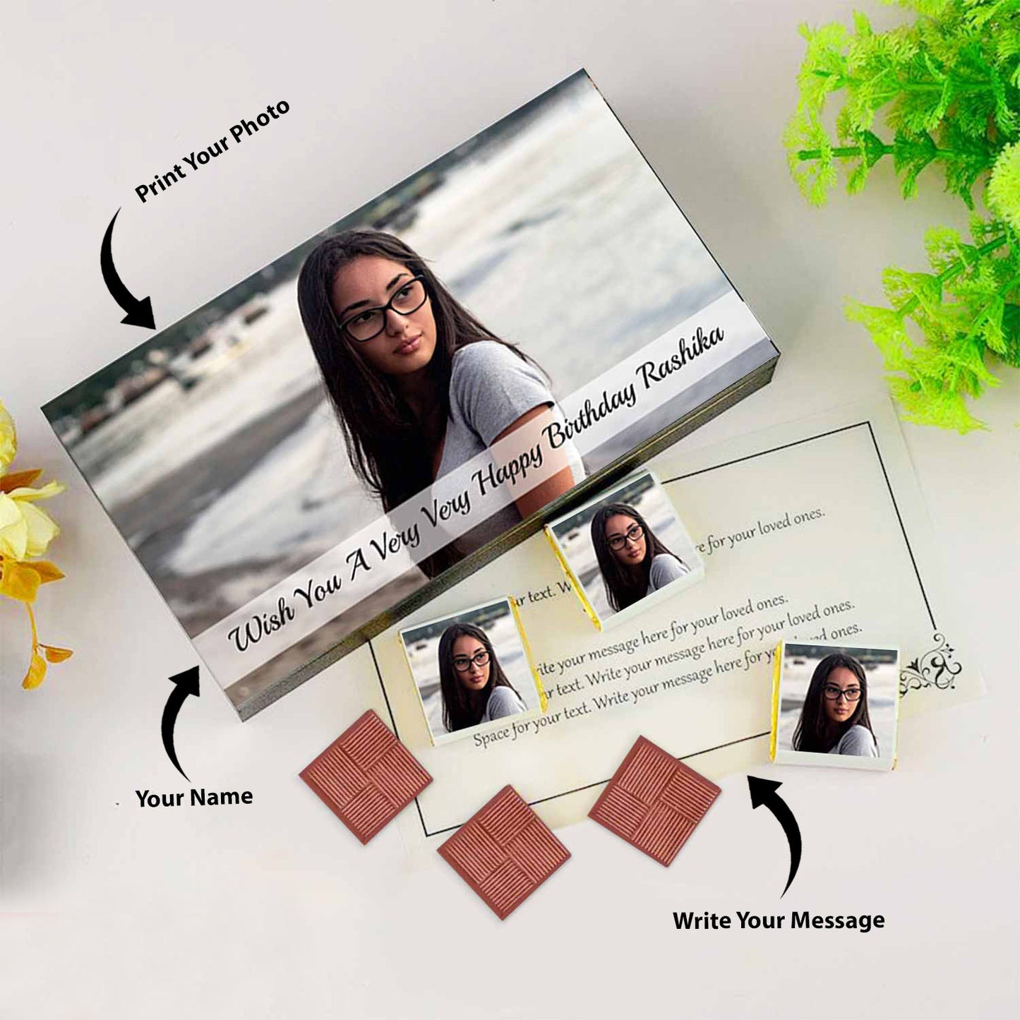Customised gifts with name and photo printed on chocolate wrapper