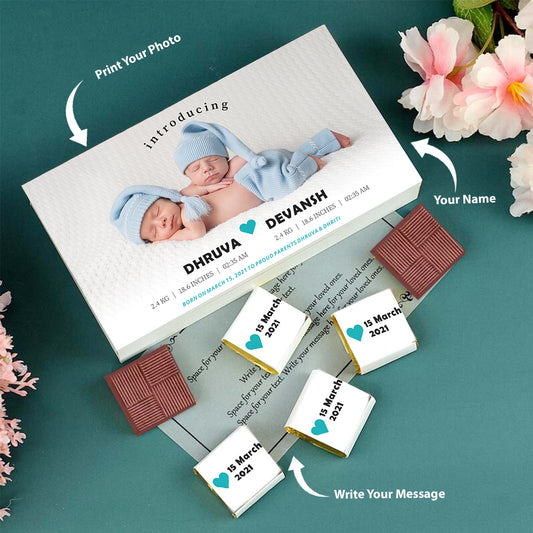 Cute blue heart printed wrapped chocolates twins announcement