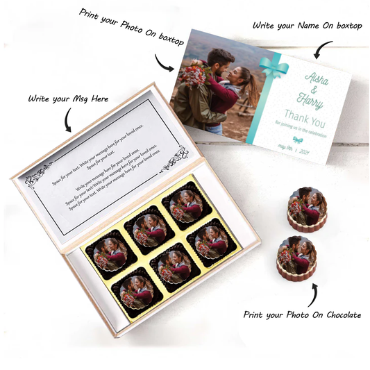 Cyan Ribbon names printed chocolates return gift