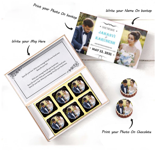 Cyan colored names printed wedding invitation chocolates