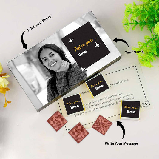 Miss you gifts for best friend I Picture printed chocolate box I Delicious chocolates I Free shipping across India I Elegant wooden packaging