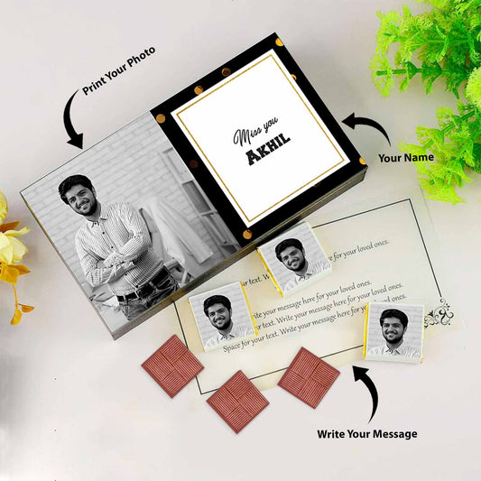 Miss you gifts for husband I Pic printed chocolate box I Delicious chocolates I Free shipping across India I Elegant wooden packaging