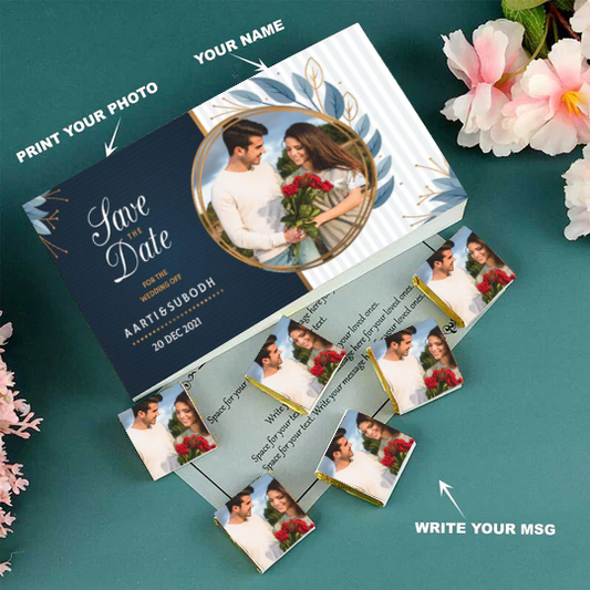 Save the date personalised wrapped unique chocolates invite