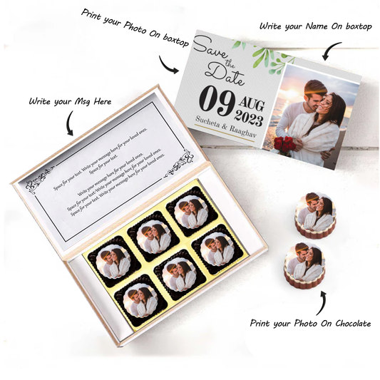 White elegant box wedding date printed chocolates invite