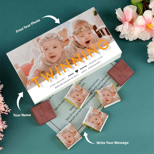 Twin's birth announcement customised chocolates