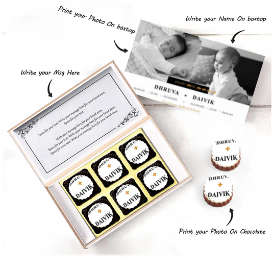White elegant box printed chocolates twins announcement