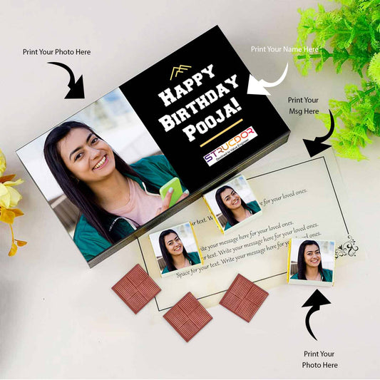 Personalized chocolate gift box with employee photo, name, and birthday message – custom wooden packaging for corporate birthday gifting