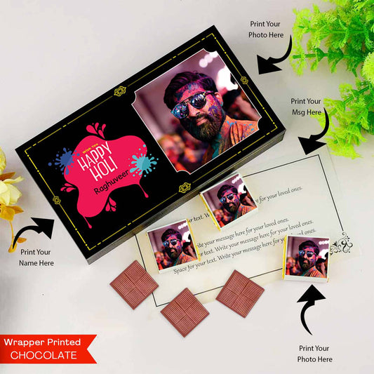 Vibrant colourful personalised holi gift of chocolates