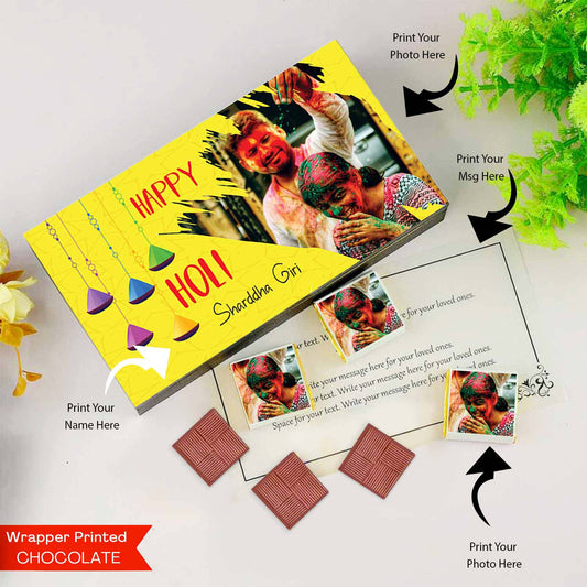 Bright yellow customised box of chocolates holi gift