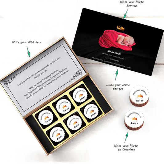 Black elegant box of photo printed chocolates baby announcement