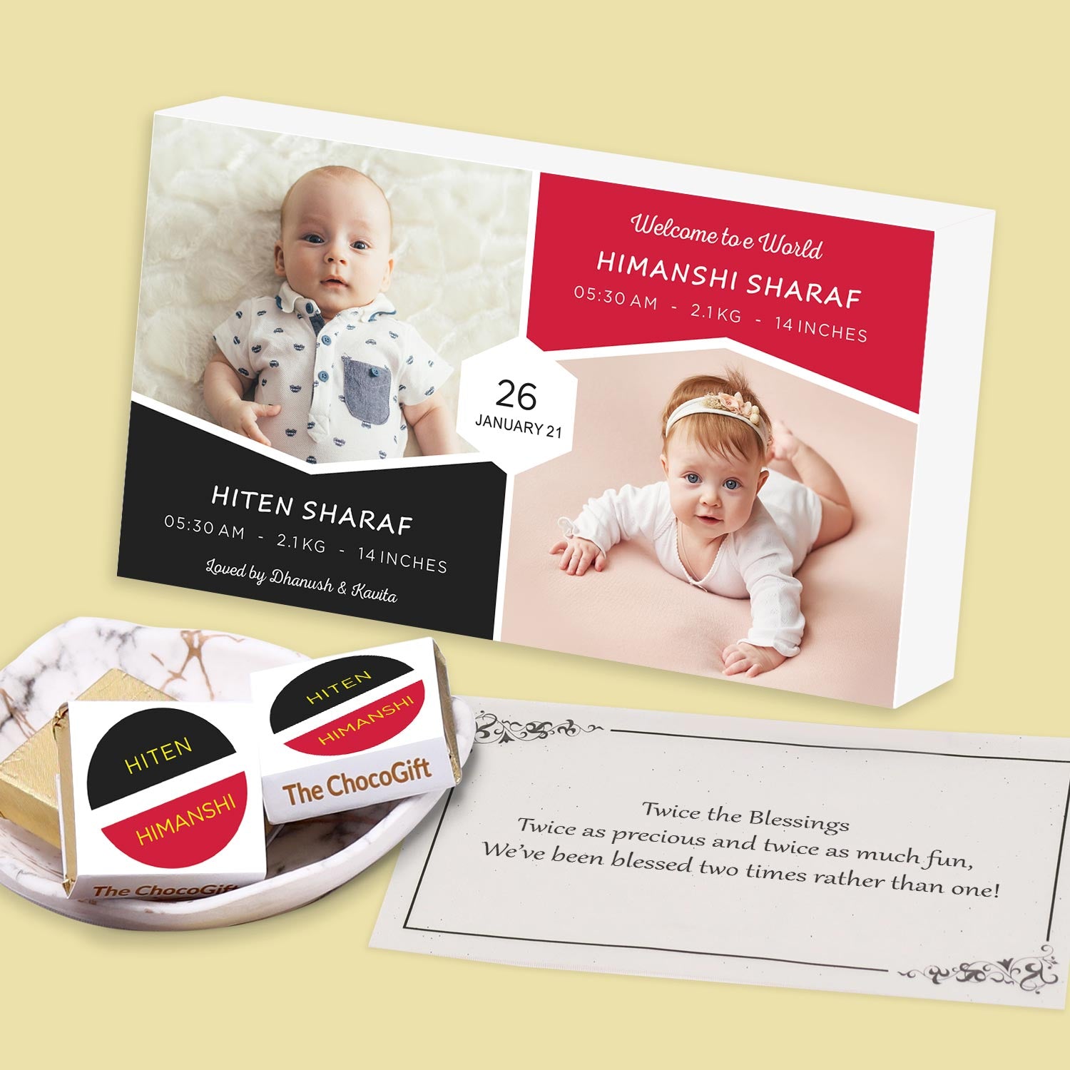 Personalised designed wrapped chocolates twins announcement