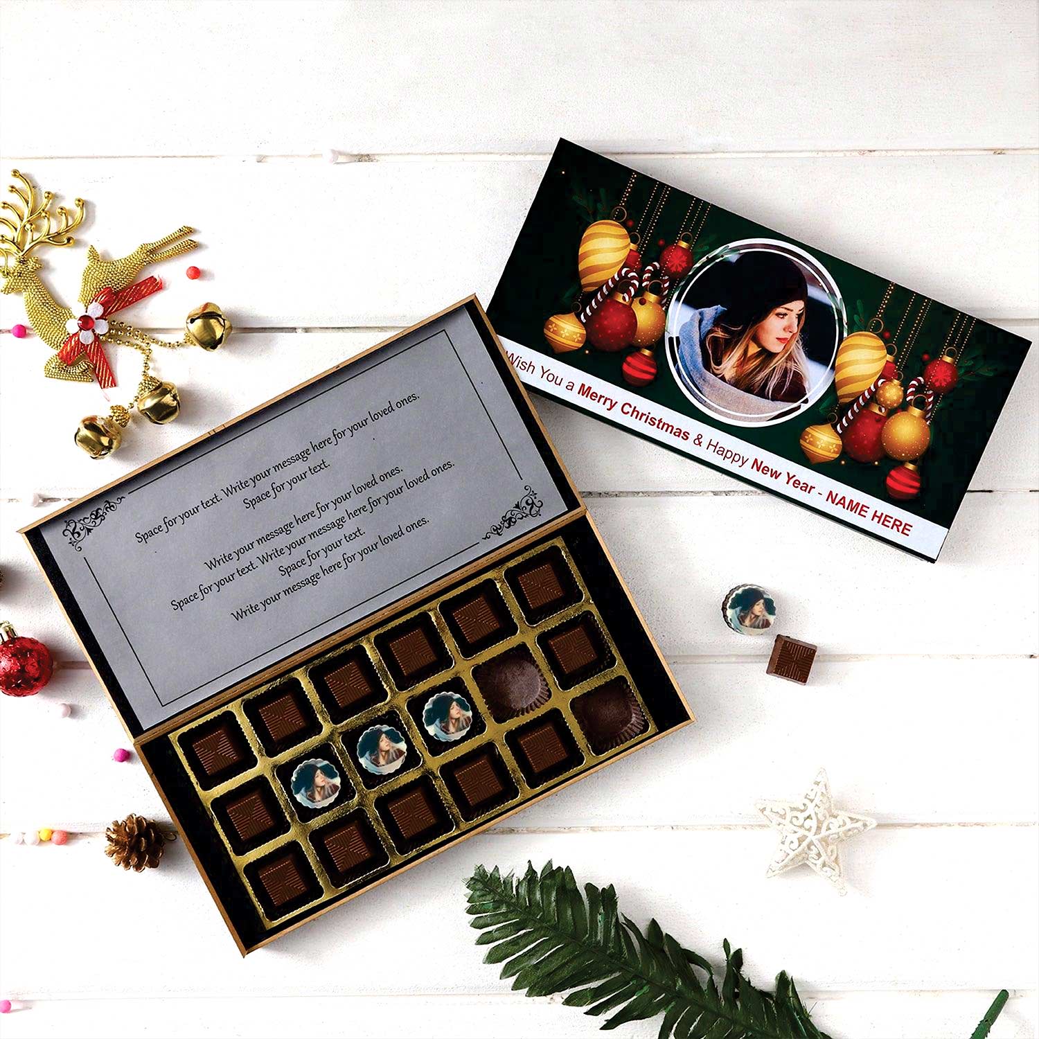Wish Merry Christmas and New Year With Customised Message and Photo print Chocolate