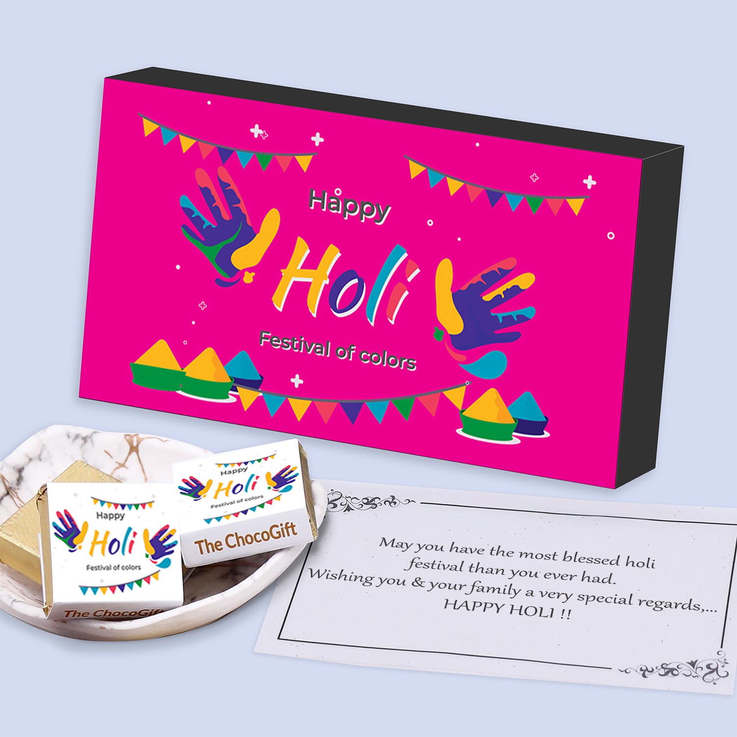 Colourful holi gift box with personalised wrapped chocolates