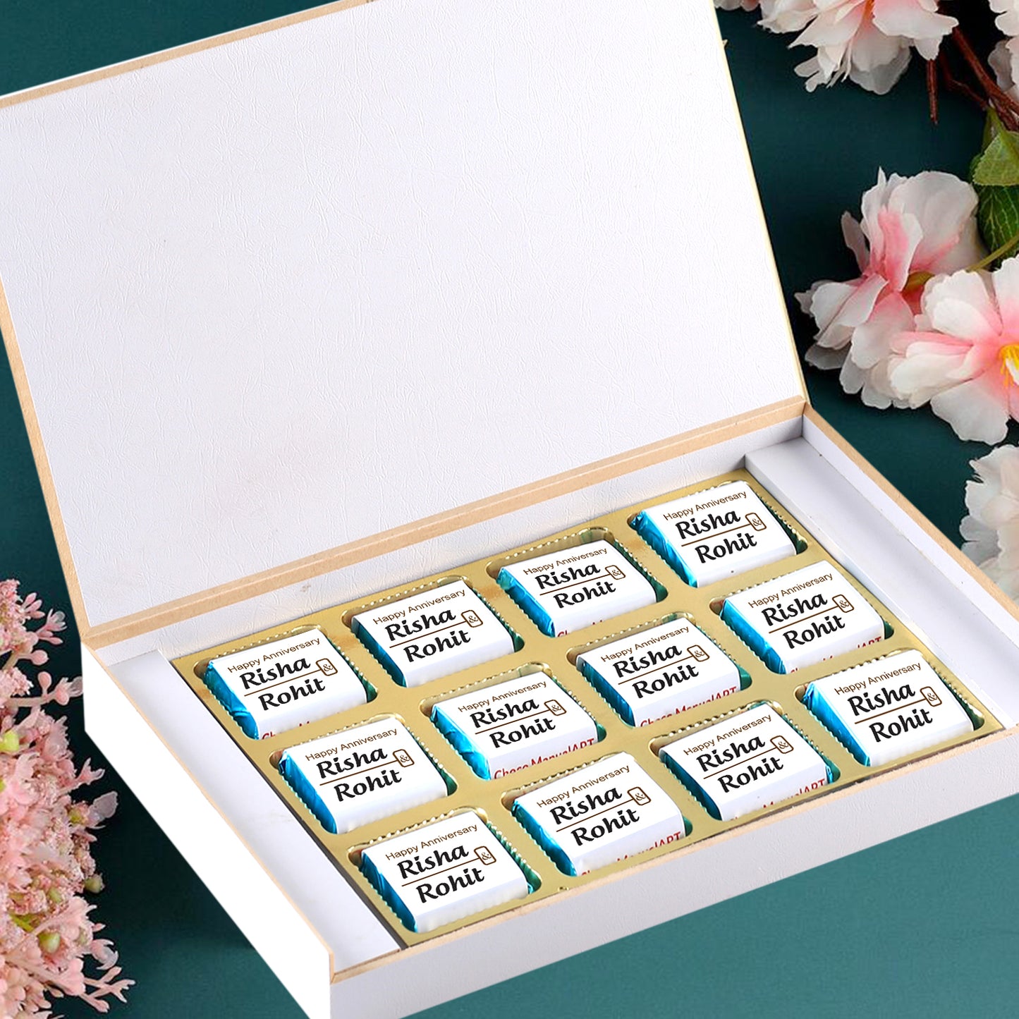 Anniversary chocolates gift with name Printed wrappers.Gift items for anniversary.Gift items for anniversary.