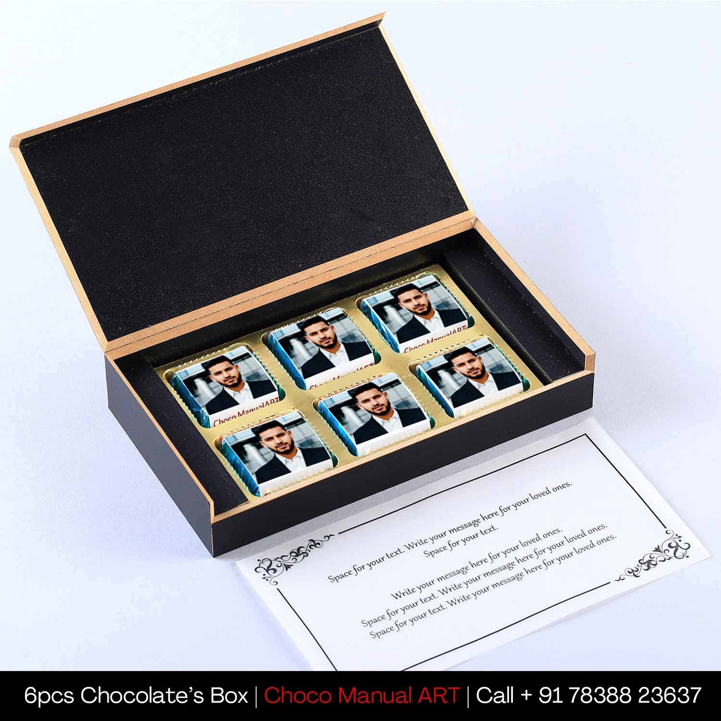 6-piece personalized chocolate gift box with employee photo printed on wrappers and custom birthday message card – ideal for staff birthday gifting and client gifting