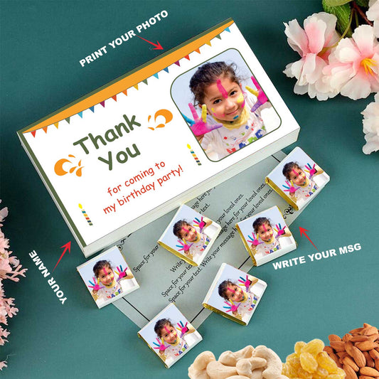 customized white wooden box with wrapper all-printed chocolates. There is also a personalized message printed on Message paper inside the box.