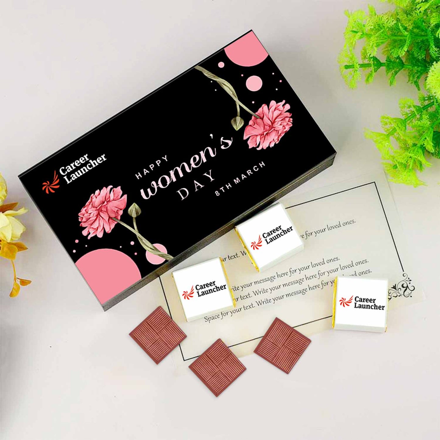 Floral print women's day gift of printed chocolates