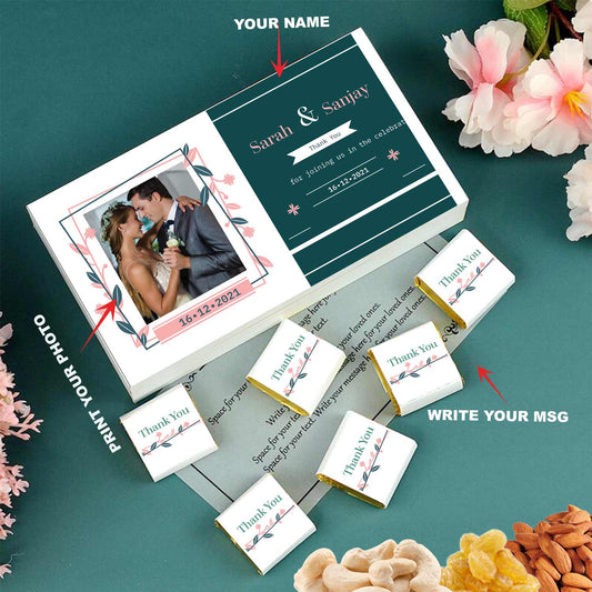customized white wooden box with all wrapper printed chocolates. There is also a personalized message printed on Message paper inside the box.