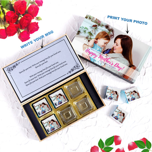 Gift for Mother's day Flower Print Chocolate Message paper inside the box. customized white wooden box with all wrapper printed chocolates.