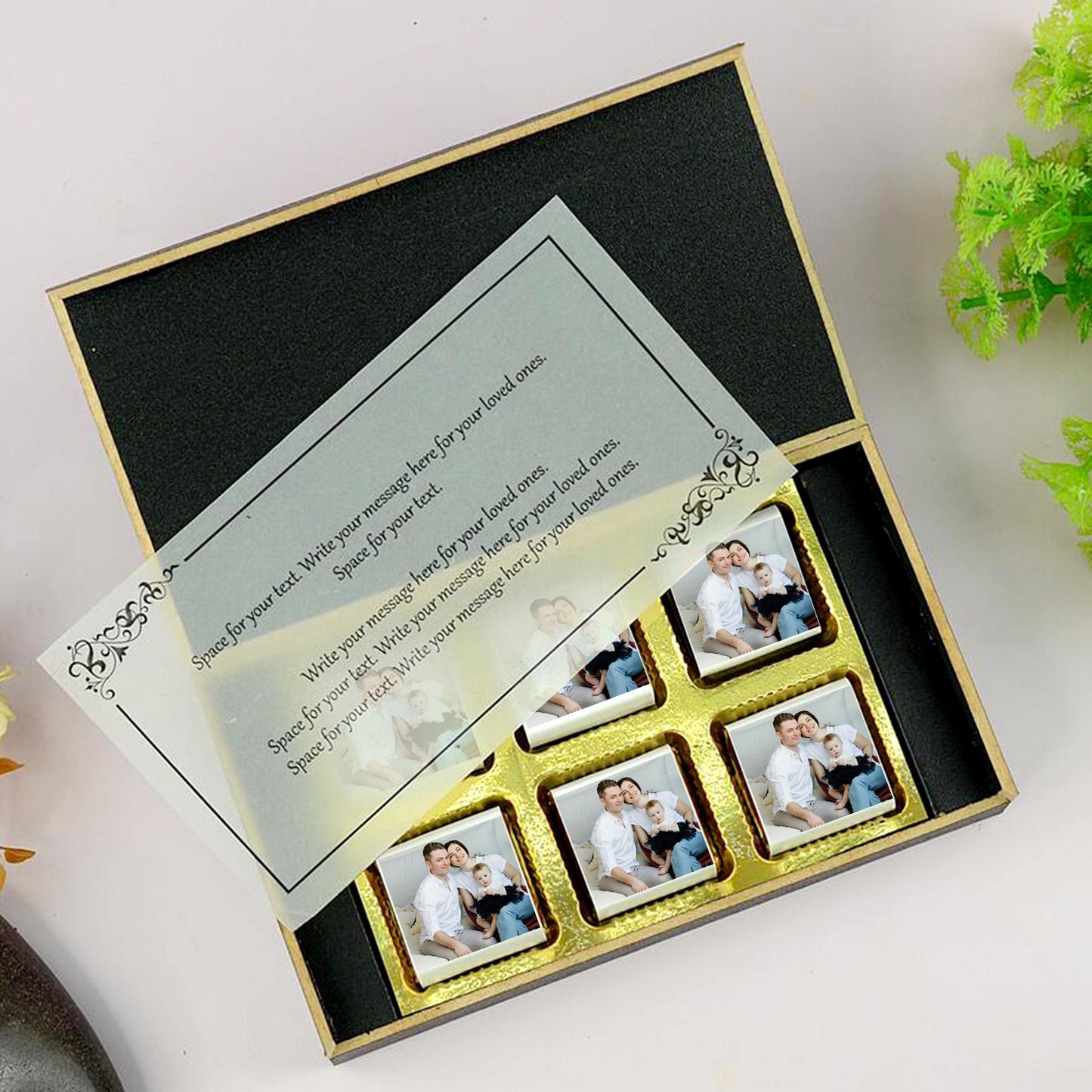 Gift for Mother's day Flower Print Chocolate Message paper inside the box. customized white wooden box with all wrapper printed chocolates.