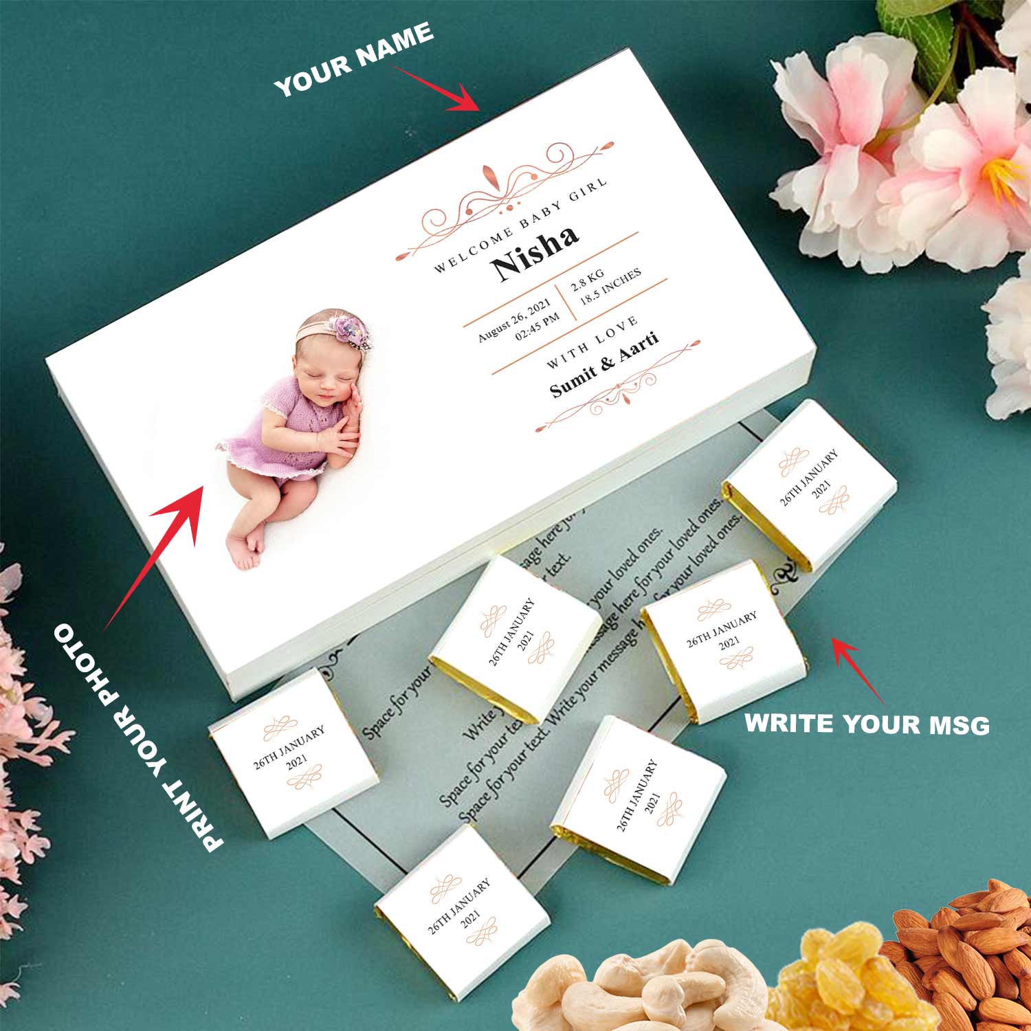 White elegant personalised baby announcement giftBaby announcement chocolate boxes.  Customized chocolate boxes for baby girl.
