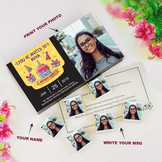 customized black wooden box with wrapper of all-printed chocolates. There is also a personalized message printed on Message paper inside the box.