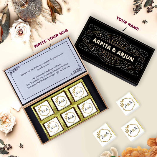 Customized white wooden box with all wrapper printed chocolates. There is also a personalized message printed on Message paper inside the box.