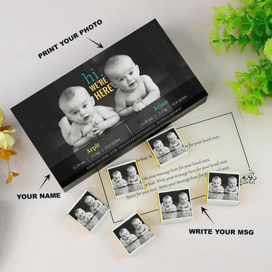 customized white wooden box with all wrapper printed chocolates. There is also a personalized message printed on Message paper inside the box.