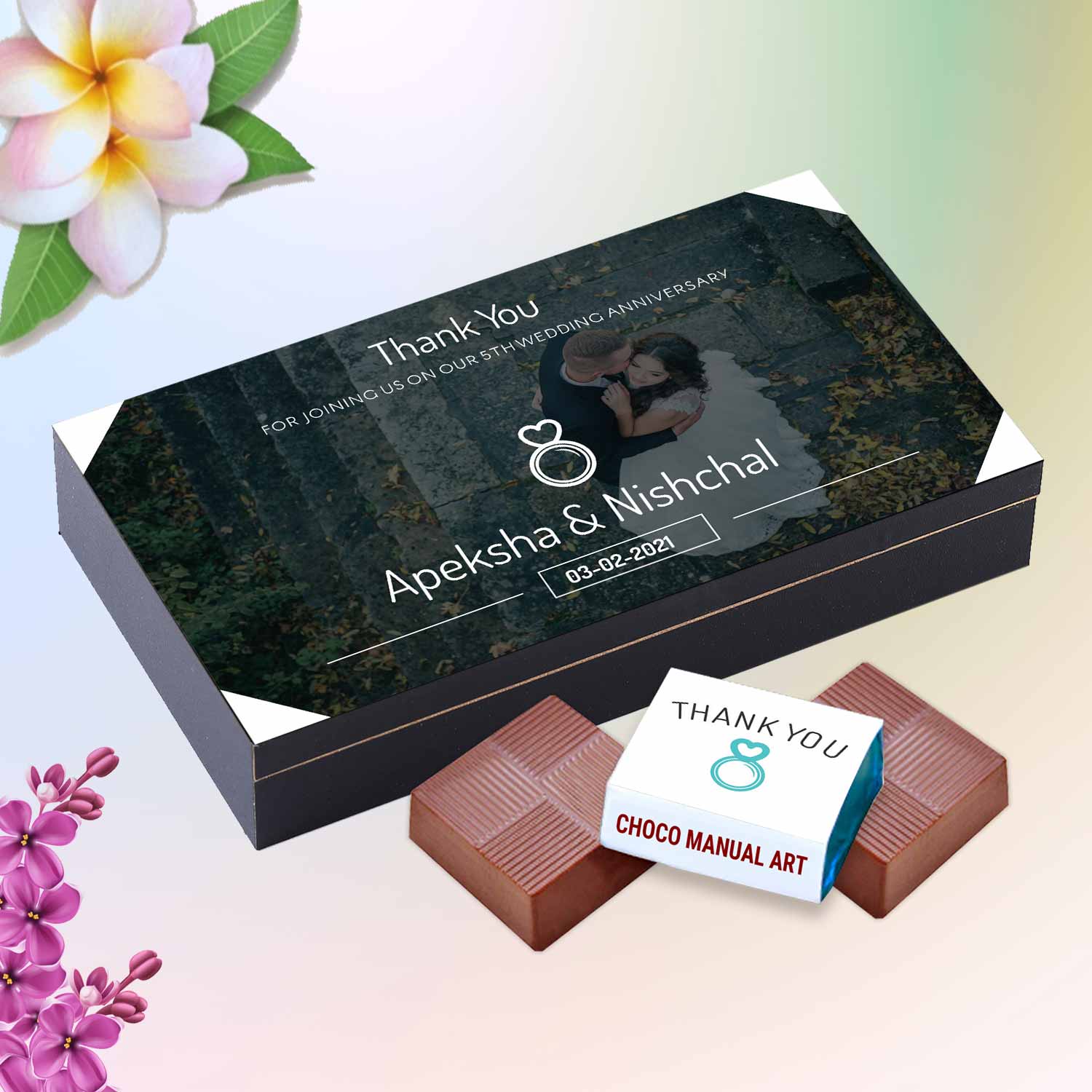 Customized black wooden box with all wrapper printed chocolates. There is also a personalized message printed on Message paper inside the box.	