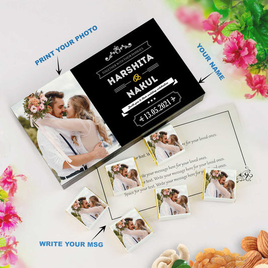 Customized white wooden box with all wrapper printed chocolates. There is also a personalized message printed on Message paper inside the box.