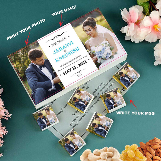 Customized white wooden box with all wrapper printed chocolates. There is also a personalized message printed on Message paper inside the box.